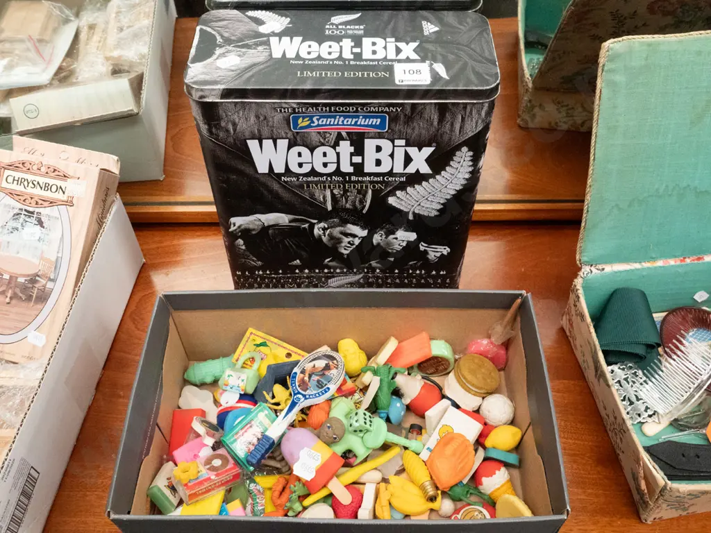 Weetbix All Blacks rugby tin and a box of 1980s erasers Image 1++