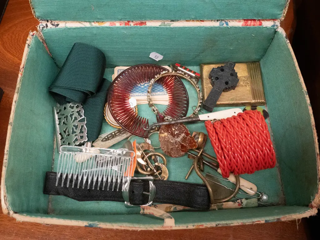 vintage sewing box and contents - button hooks, brooches, bangles, etc. Image 1++