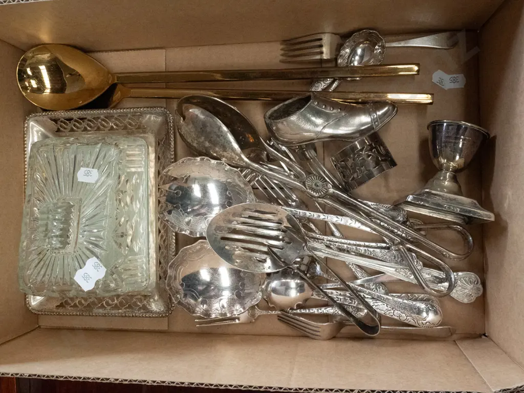 box of plated cutlery, brass salad servers, etc. Image 1++