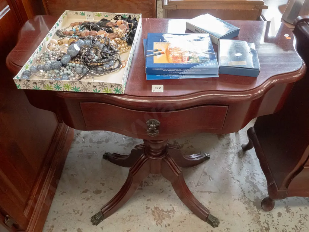 reproduction mahogany pedestal half round hall table with drawer H-670 W-820 D-400 Image 1++