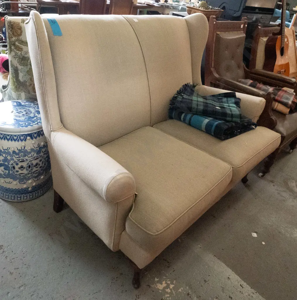 olive upholstered wing-back 2-seater settee H-1000 W-1240 D-820 Image 1++
