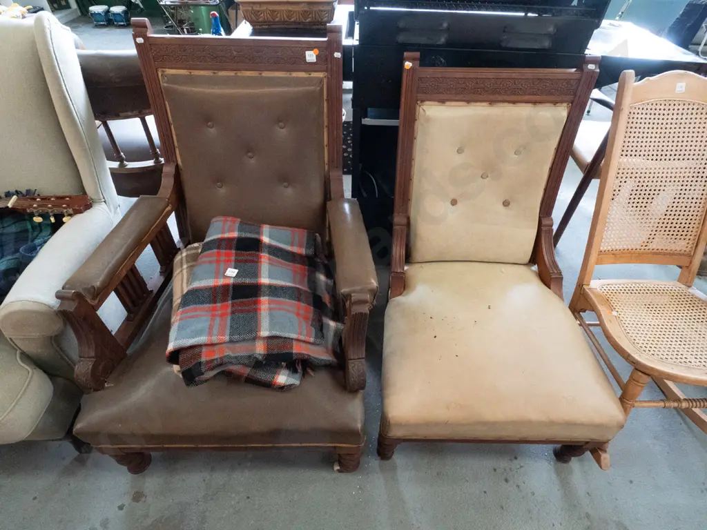 pair Edwardian walnut lady's and gent's chairs with press-carved back, vinyl upholstery Image 1++