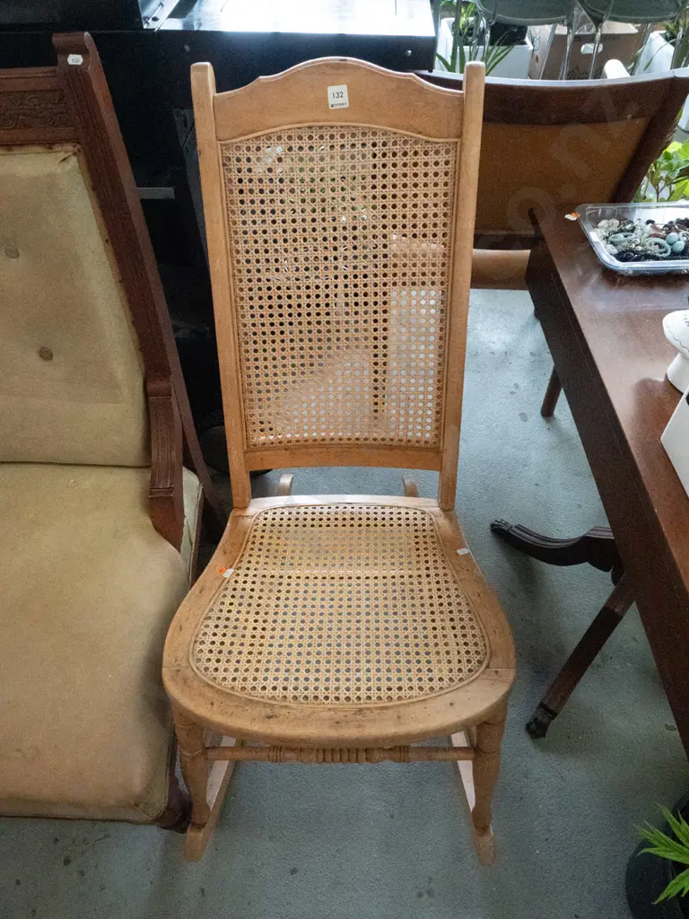 vintage beech rocking chair with woven cane back and seat - some looseness to back Image 1++