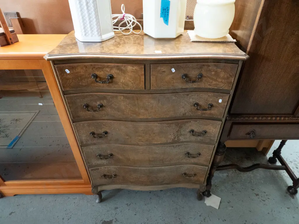 reproduction solid timber cab-leg 6-drawer tallboy - varnish needs attention H-1120 W-820 D-420 Image 1++