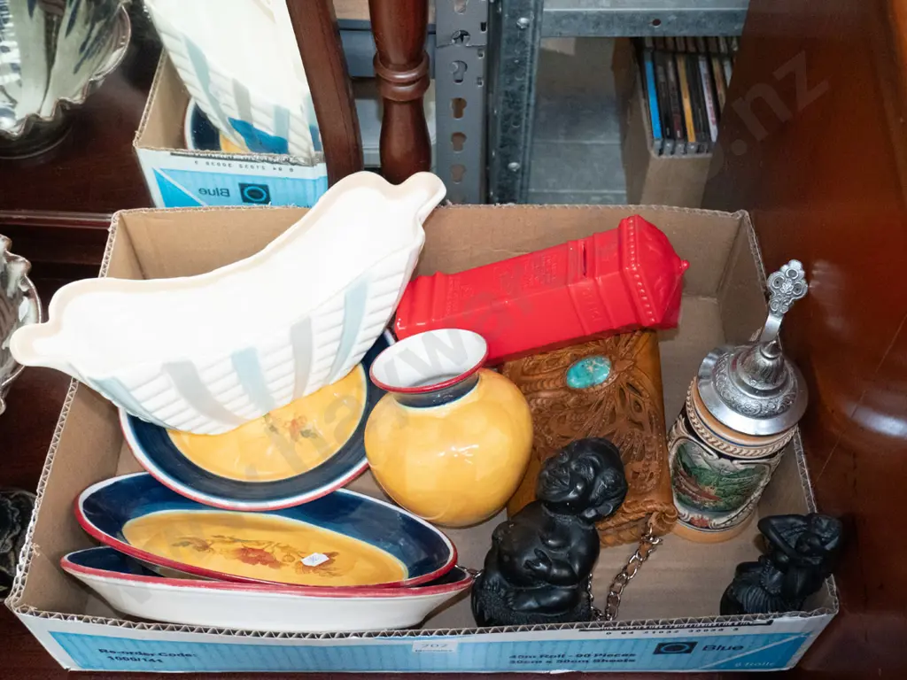 box of plates, retro Burslem vase with crack, leather purse, etc. Image 1++
