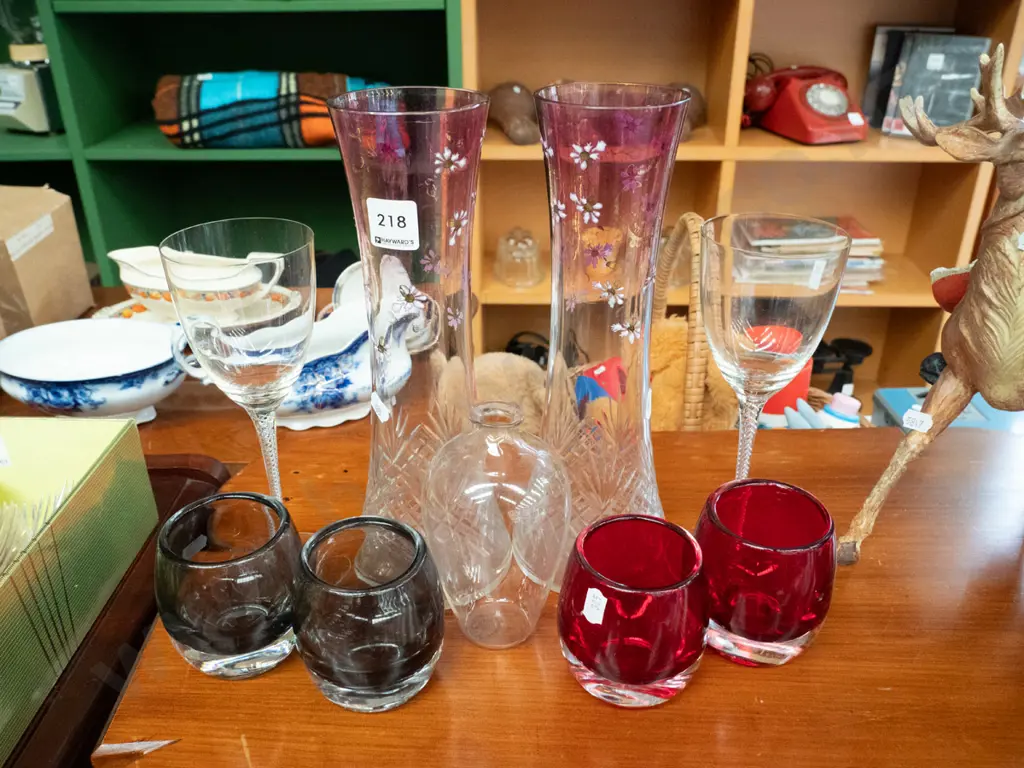 pair of hand-painted cut crystal vases H-290, coloured glass tumblers, wine glass and vase Image 1++