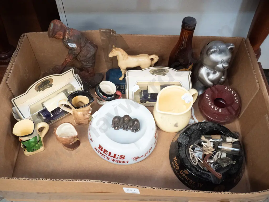 box of small Toby jugs, ashtrays, Models of Yesteryear vehicles, etc. Image 1++