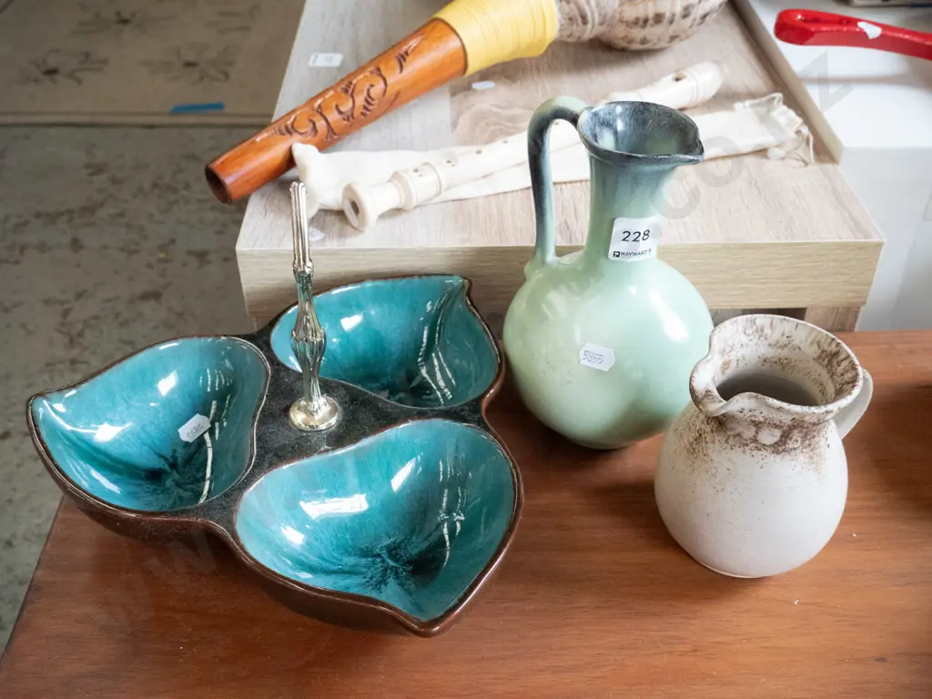 German pottery ewer vase, studio pottery creamer, Blue Mountain serving dish Image 1++