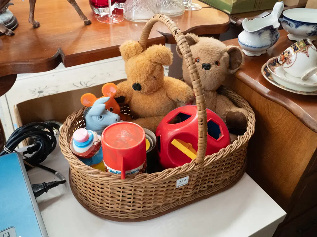 cane basket and contents - teddy bears, toys Image 1++