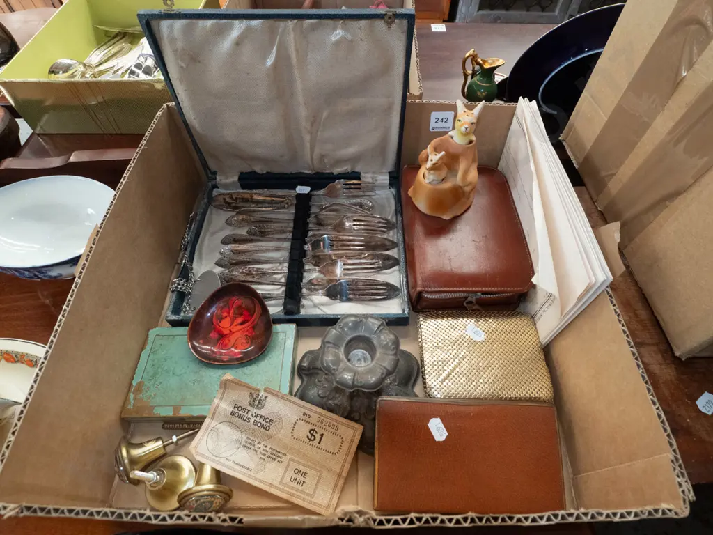 box of plated cutlery, ashtray, cupboard handles, candlestick, etc. Image 1++