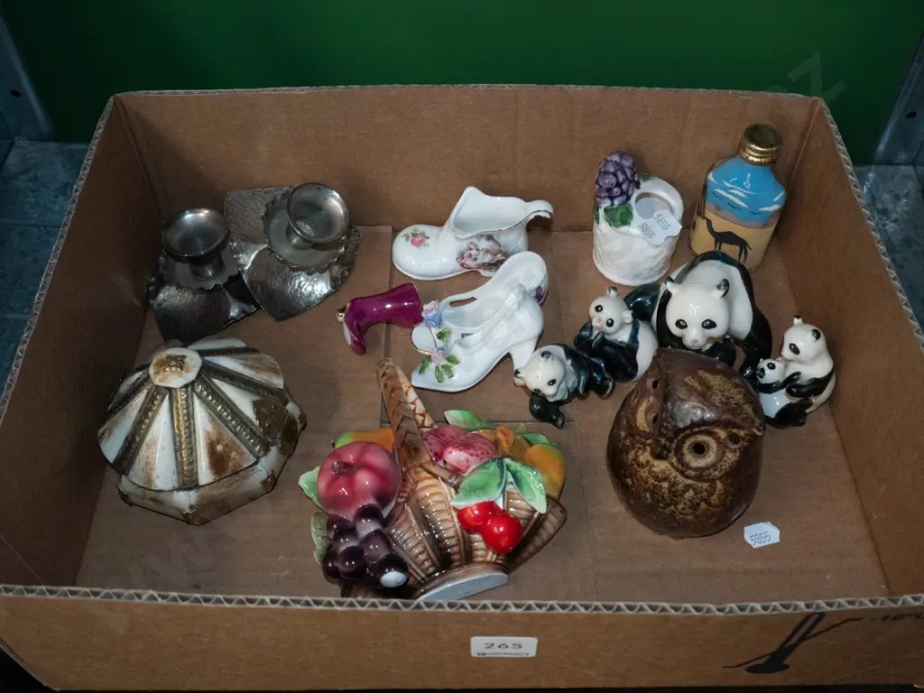 box; candlesticks, ceramic pandas, owl figurines etc Image 1++