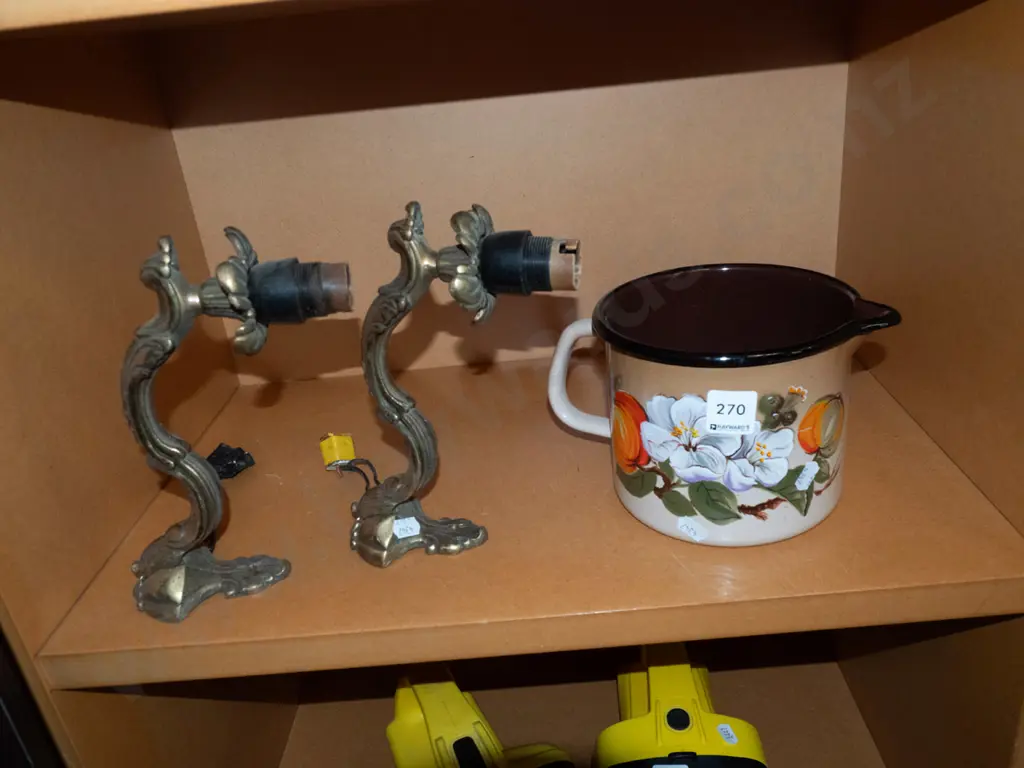 enamel jug and 2x brass wall mounted light fittings Image 1++
