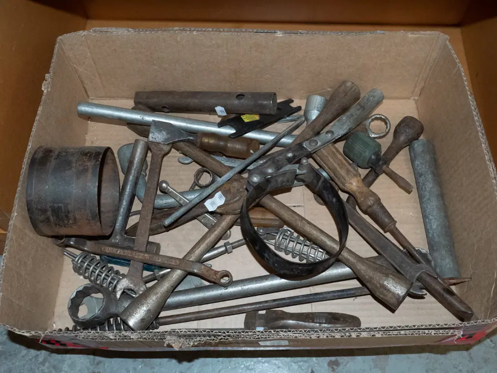 box of hand tools, pliers, spanners, tyre irons etc Image 1++