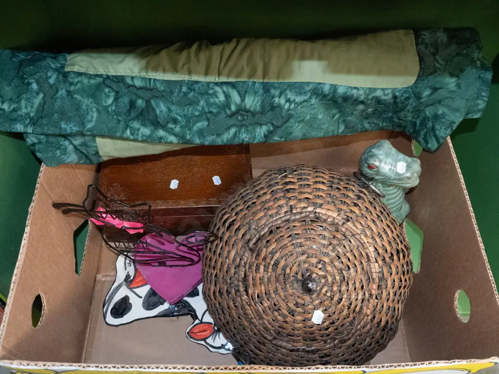 box; metal and cane storage canister, wall hanging quilt, dinosaur figurine etc Image 1++