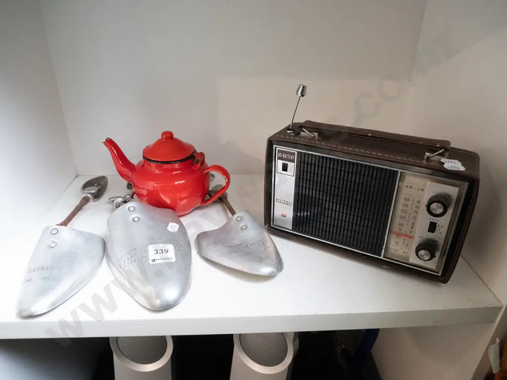 shoe forms, small teapot, early portable transistor Image 1++