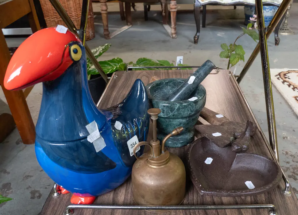 pukeko storage canister, mortar and pestle, hatchet, small bird bath etc Image 1++