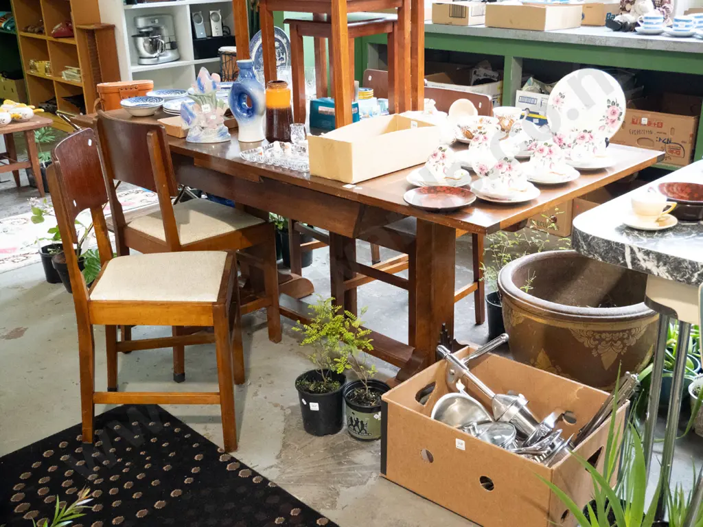 refectory based extending beech dining table with 4 matching vinyl chairs H-770 W-1830 D-840 Image 1++