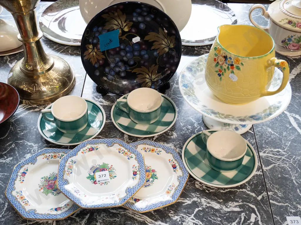 Wedgwood Clementine cake stand, Jacobean ware bowl with crack, Masons side plates, cups, saucers, jug Image 1++