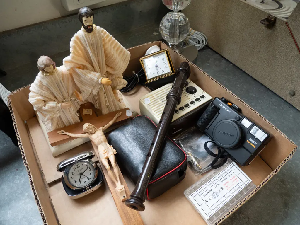 box; recorder, 35mm camera, crucifix, religious figurines etc Image 1++
