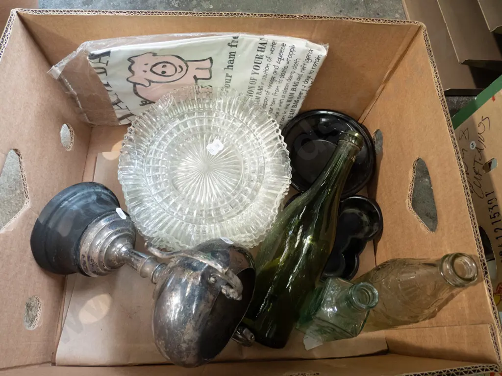 box; vintage bottles, plated trophy, bowls etc Image 1++