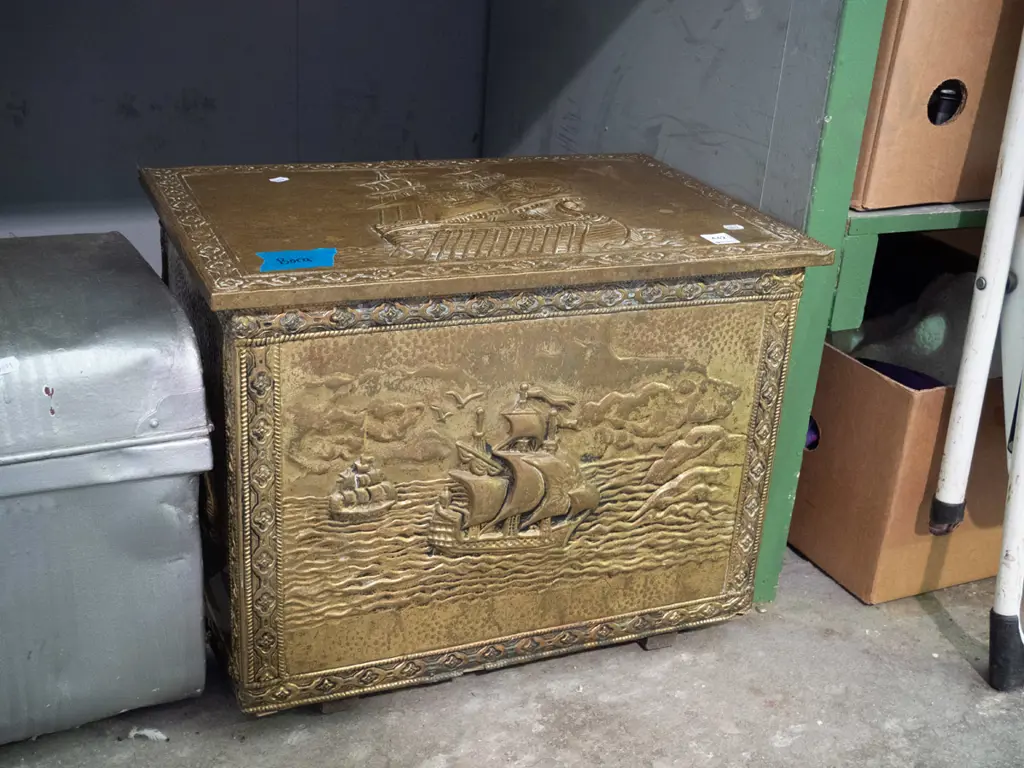 beaten brass viking ship themed wood box - some borer Image 1++