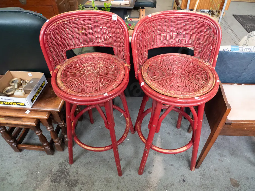 2x painted red cane bar stools Image 1++