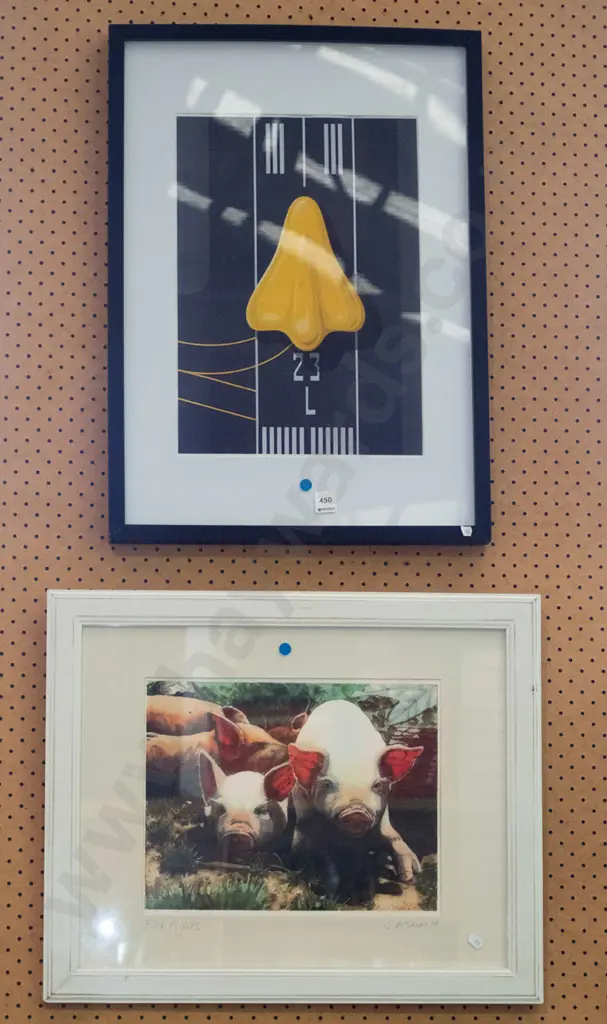 2x framed prints - pink piglets, jet planes - blue dots Image 1++