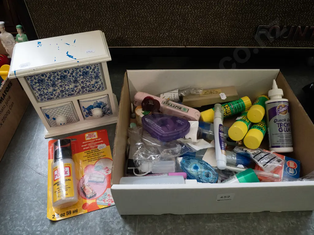 small jewellery chest, box of glue sticks, tape dispensers etc Image 1++