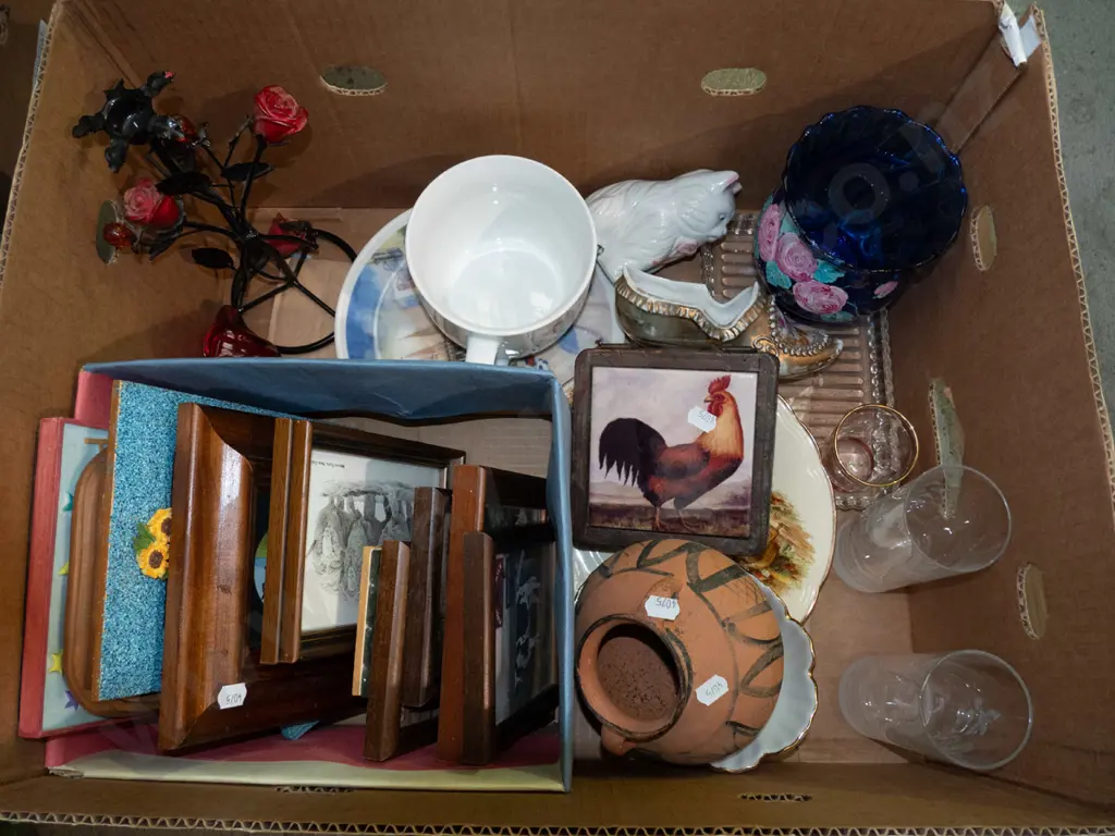 box; small prints, soup mug, blue glass vase etc Image 1++