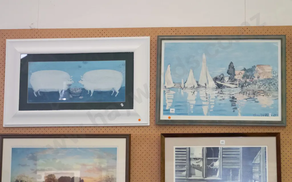 2x framed prints - pig, boats - orange dots Image 1++