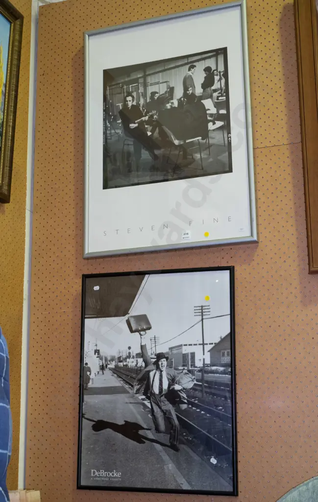 2x framed photo poster prints - back stage, man misses train - yellow dots Image 1++