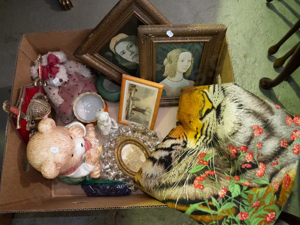 box; lidded teddy bear canister, framed prints, tablecloth etc Image 1++