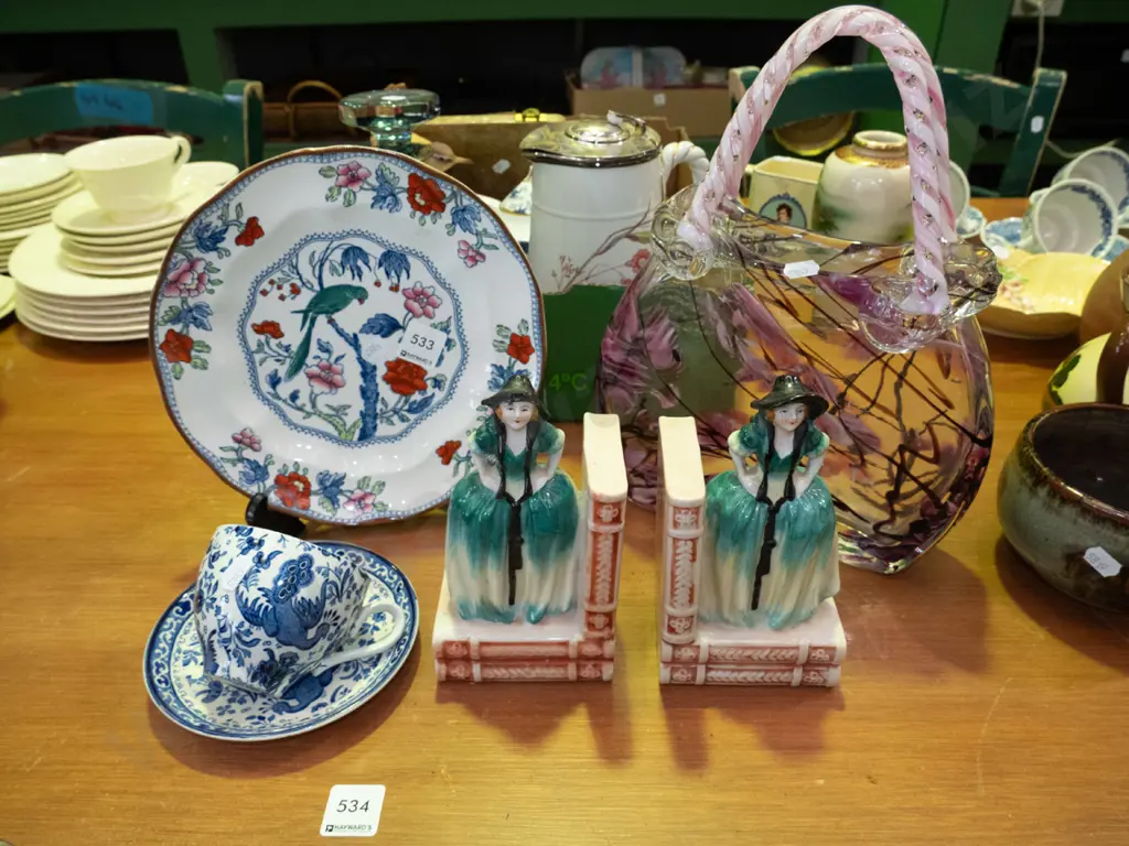 glass basket, book ends, Burleigh cups and saucer, Booths plate Image 1++