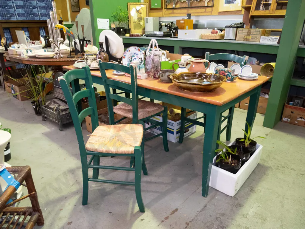 solid wood dining table with 4 matching seagrass ladder back chairs H-730 W-1800 D-900 Image 1++