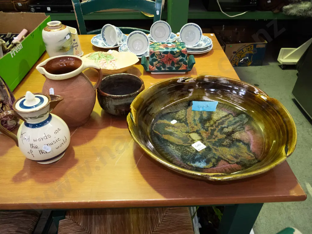 large studio pottery fruit bowl - crack, small pottery bowl, jug, Torquay motto jug Image 1++