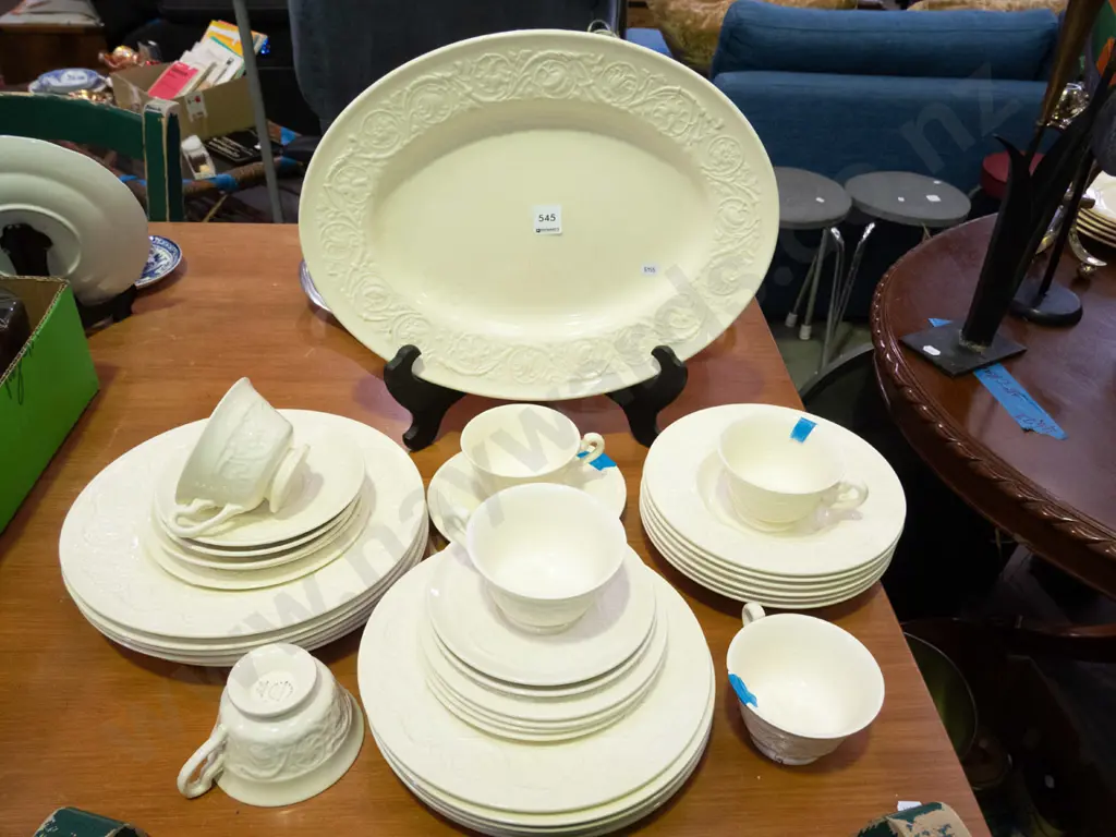 Wedgwood  cream dinner items with pattern relief; some chips to rims of cups Image 1++