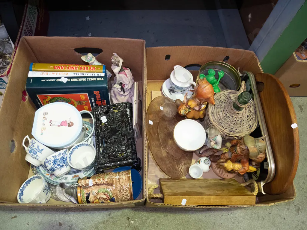 2 boxes; cups, beer stein, books, figurines etc - green dots Image 1++