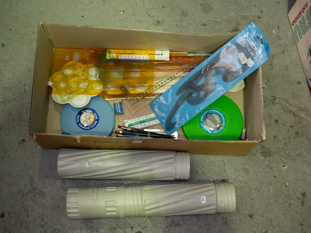 box; drawing equipment, stencils, pens, rulers etc Image 1++