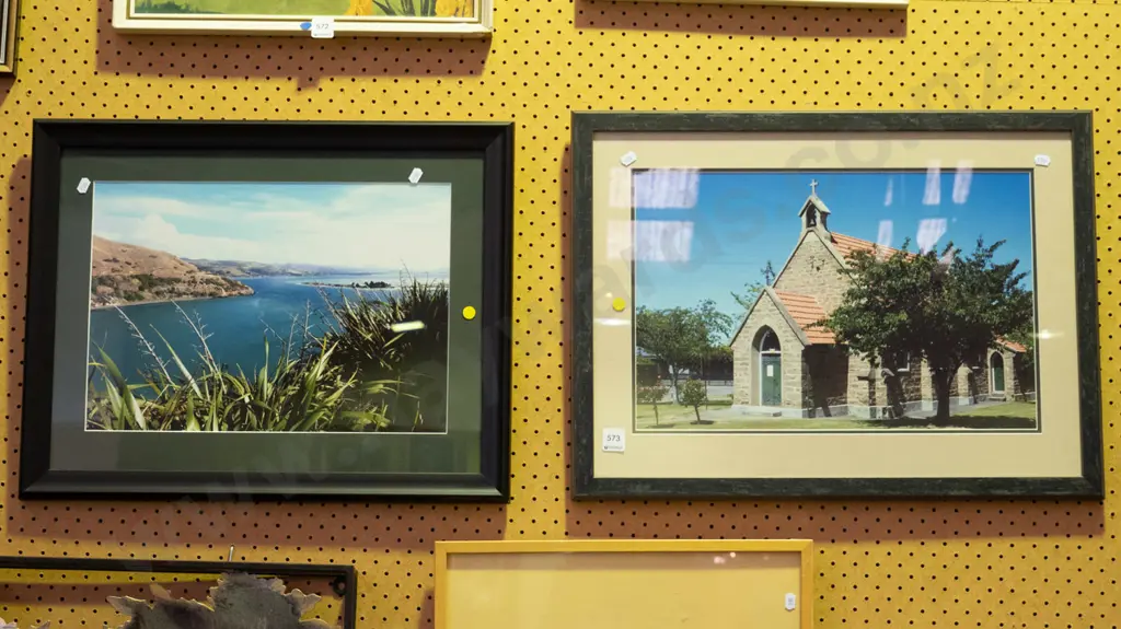 2x framed photo prints - harbour, church scene - yellow dots Image 1++