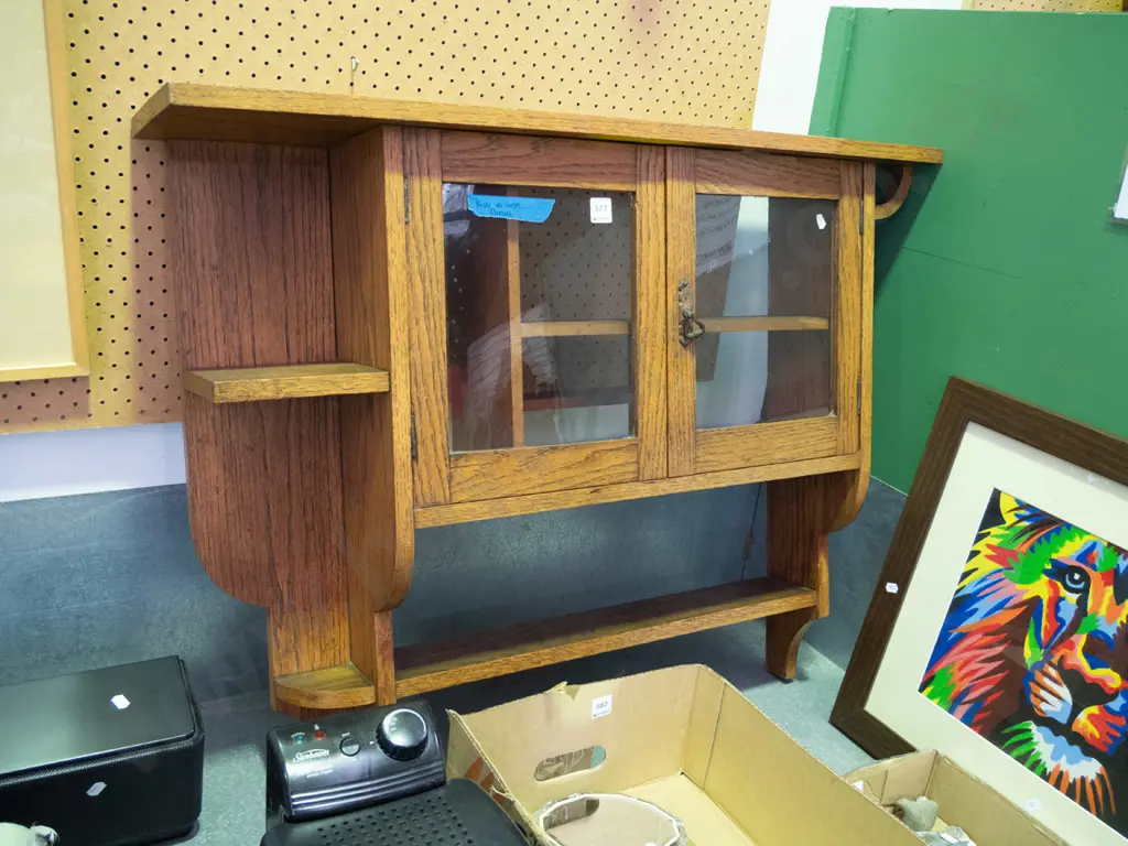 oak wall mounted shelves/cupboard - some borer on inner shelves H-750 W-900 D-200 Image 1++