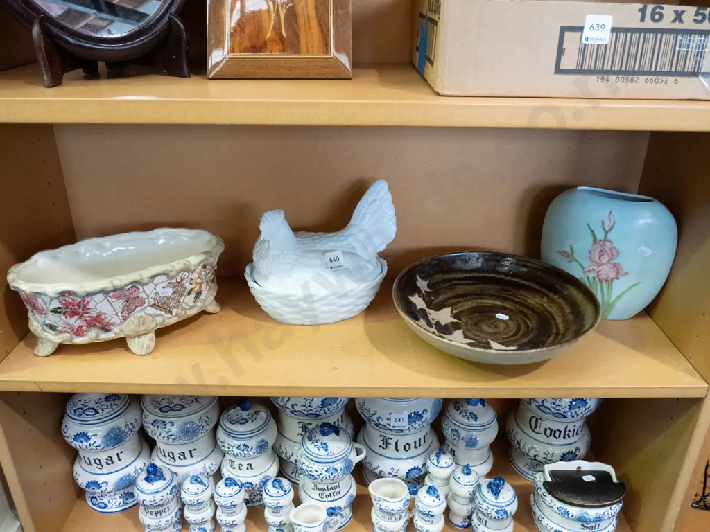 studio pottery bowl, chicken canister, footed jardiniere, vase Image 1++
