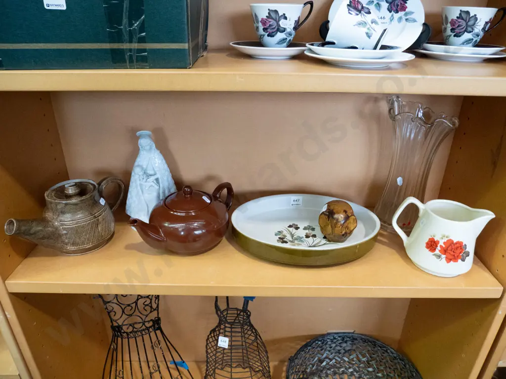 shelf; tea pots, Denby dish, jug, vase etc Image 1++