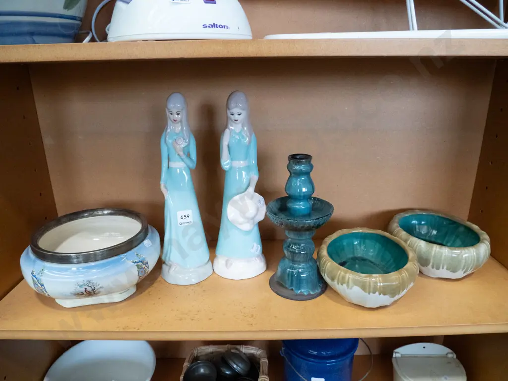 shelf; pottery bowls, candlestick, figurines etc Image 1++