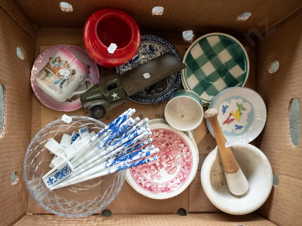 box; salad bowl, mortar & pestle, toy army truck, chopsticks, etc. Image 1++