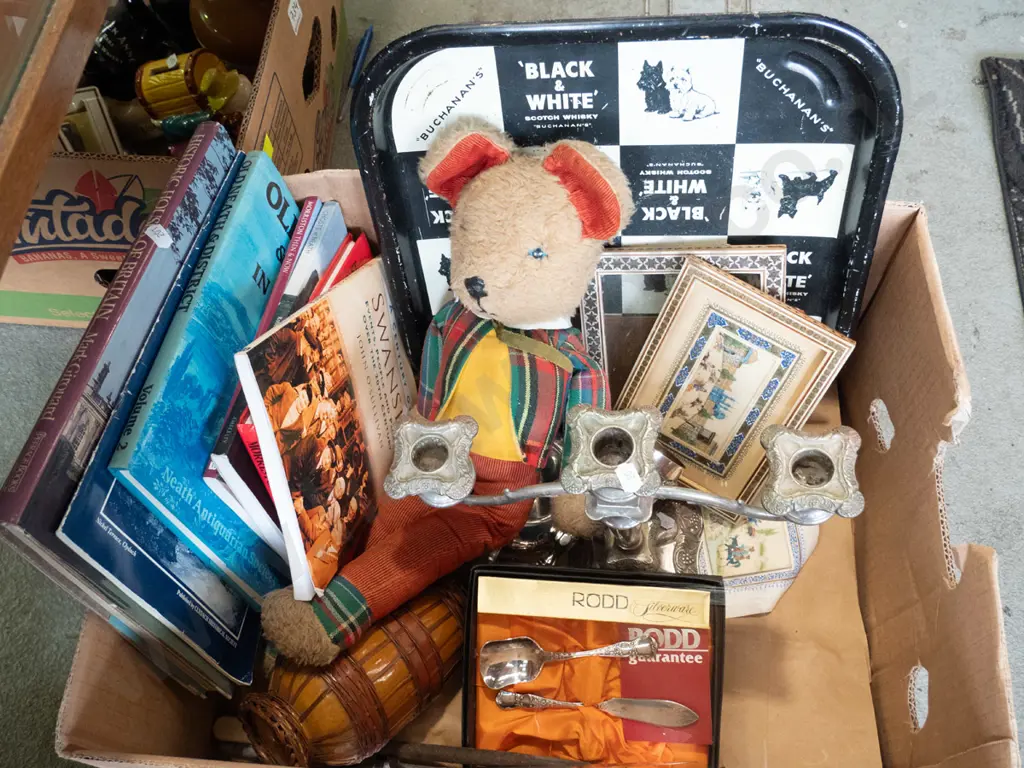 box; vintage teddy bear, candelabra, books etc Image 1++