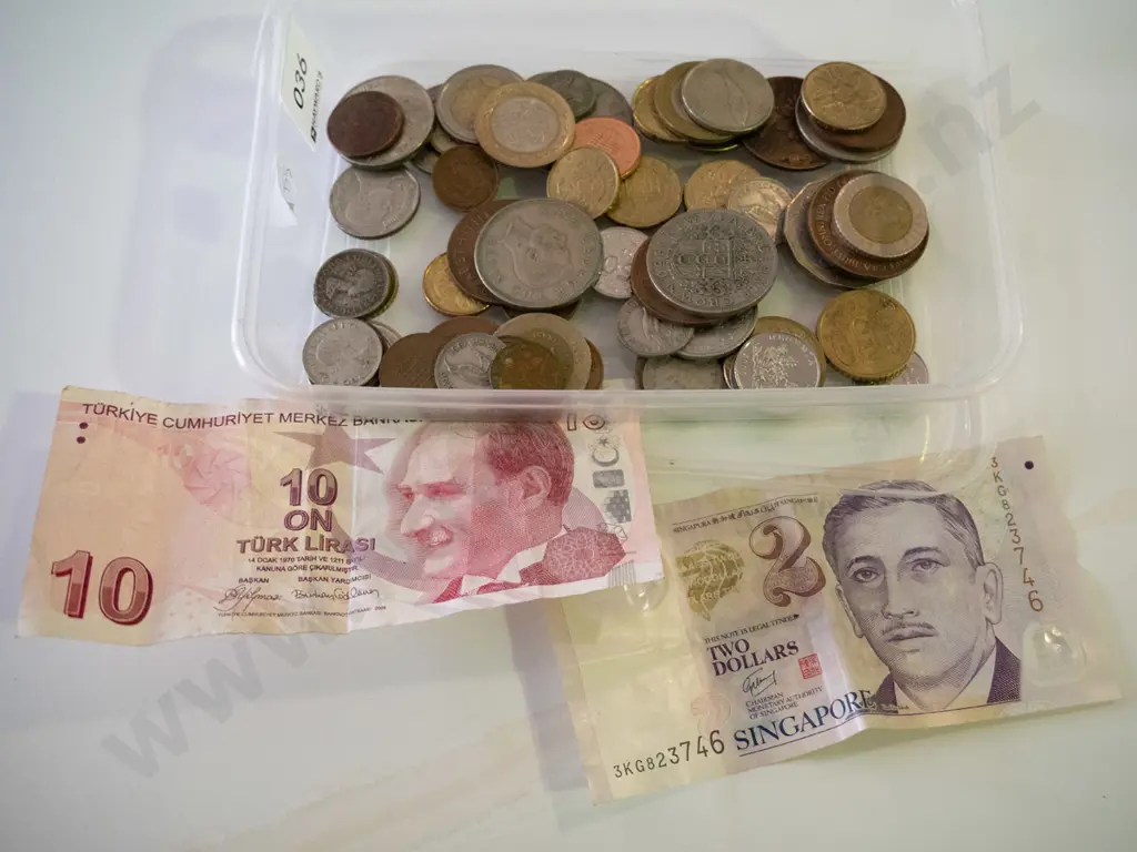 plastic tray of foreign coins and banknotes Image 1++