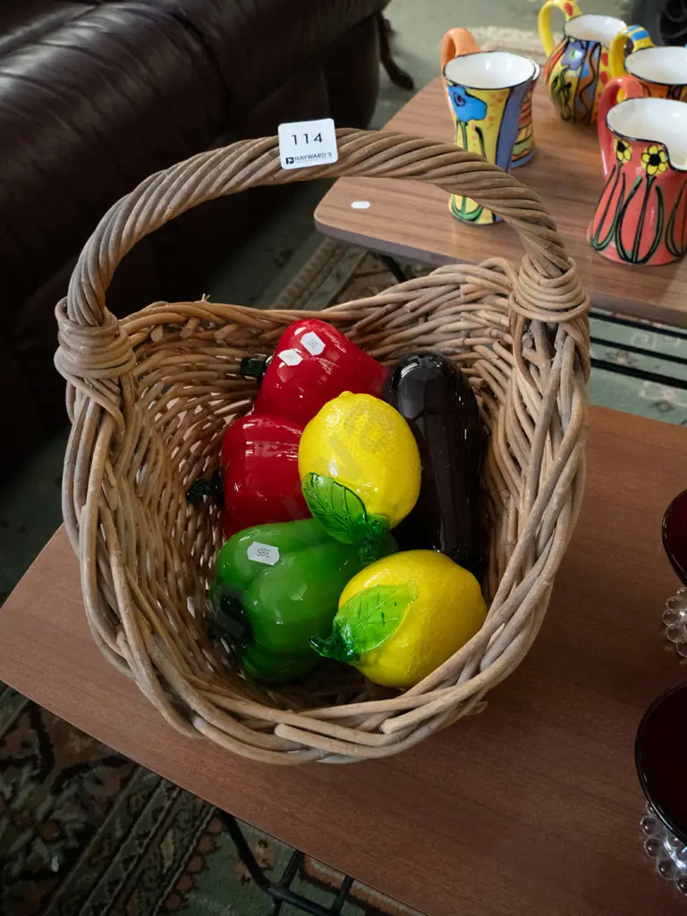 cane basket, faux glass fruit Image 1++