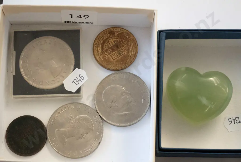 box of coins, polished heart shaped stone Image 1++