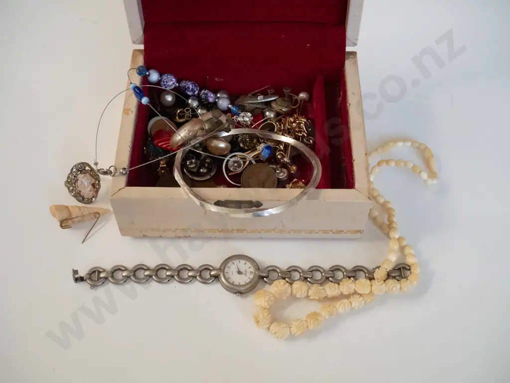 box; bone necklace, bangle, coins etc Image 1++