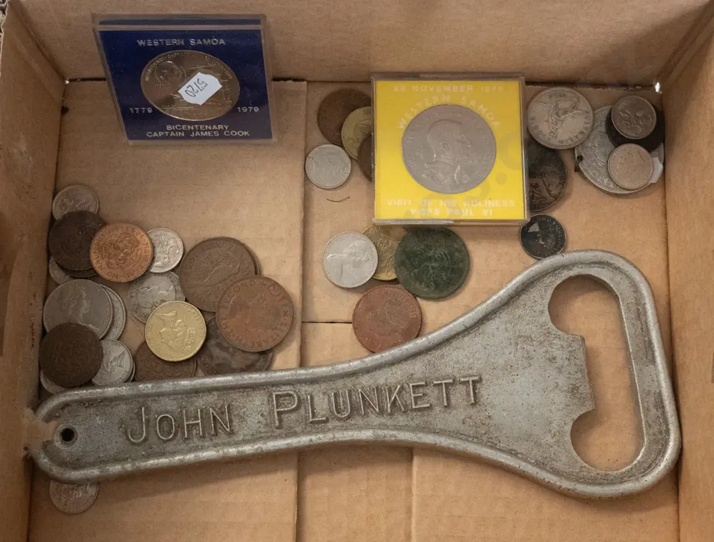 box; coins, large beer bottle opener Image 1++